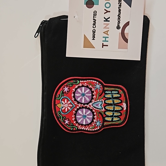 Hand Crafted black canvas pencil case zipper bag embroidery skull & butterfly - Picture 14 of 17